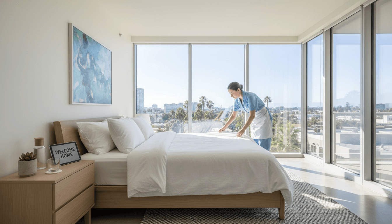 Professional cleaner making a bed in a bright modern vacation rental apartment