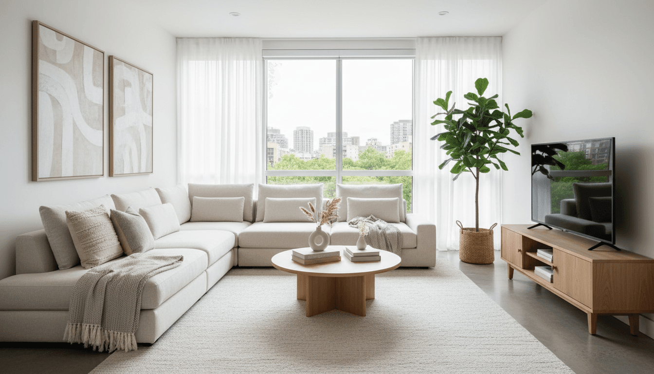 Bright modern living room prepared for guests in Airbnb rental