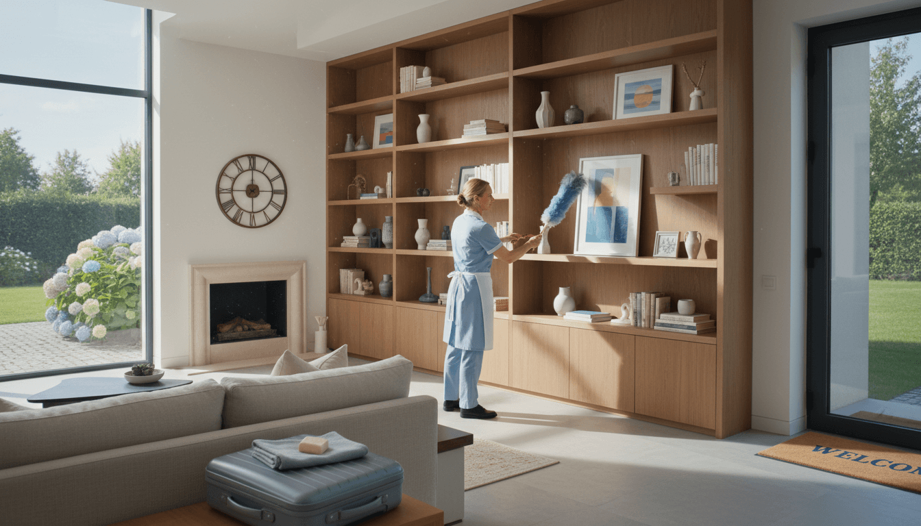 Housekeeper dusting shelf in bright living room before guest arrival