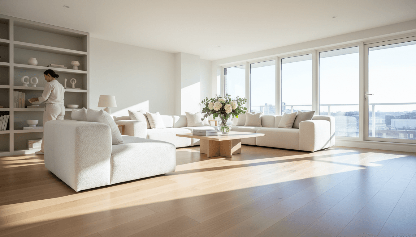 Professional cleaner making a bed with fresh white linens in a bright modern apartment