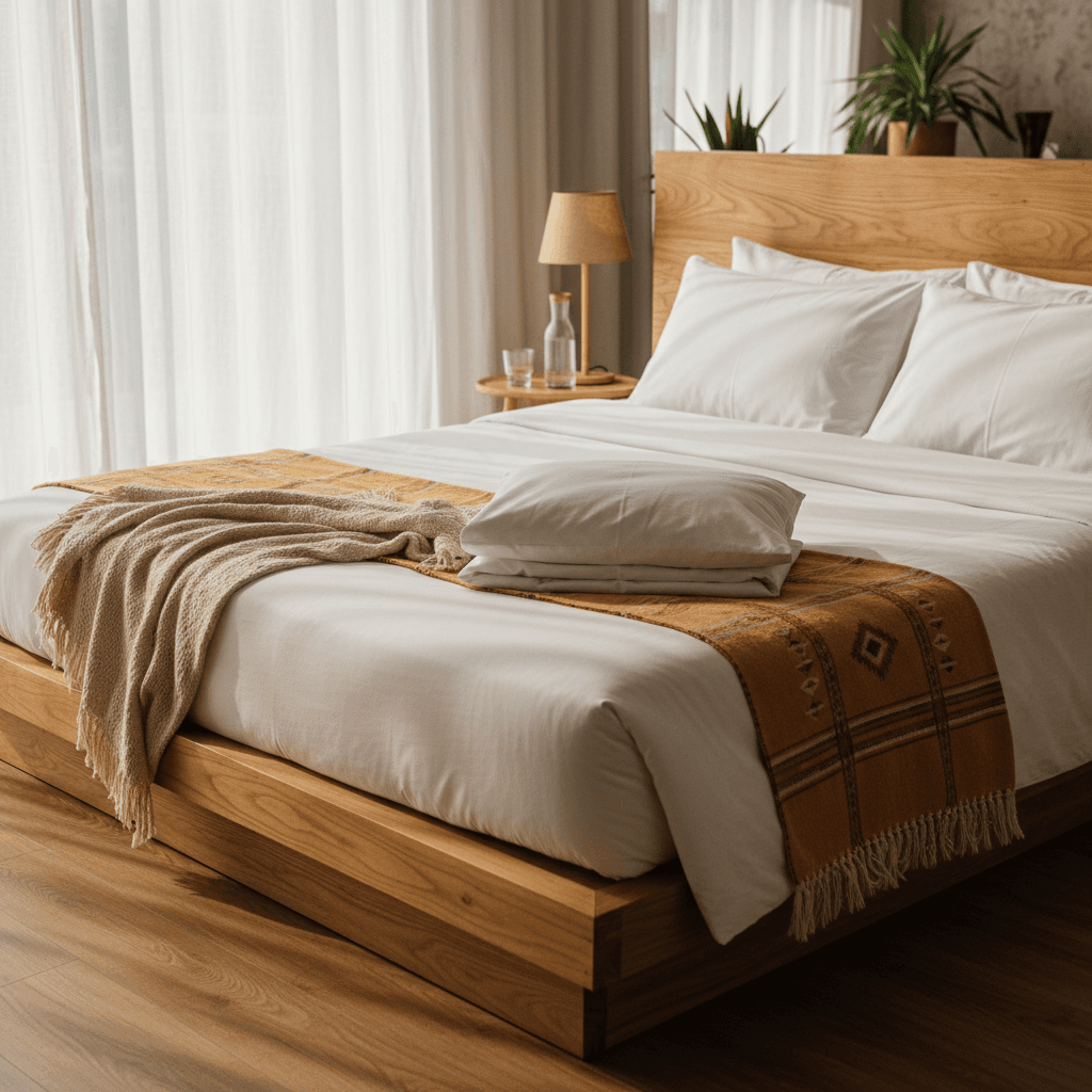 Freshly made bed with crisp white linens in bright guest bedroom