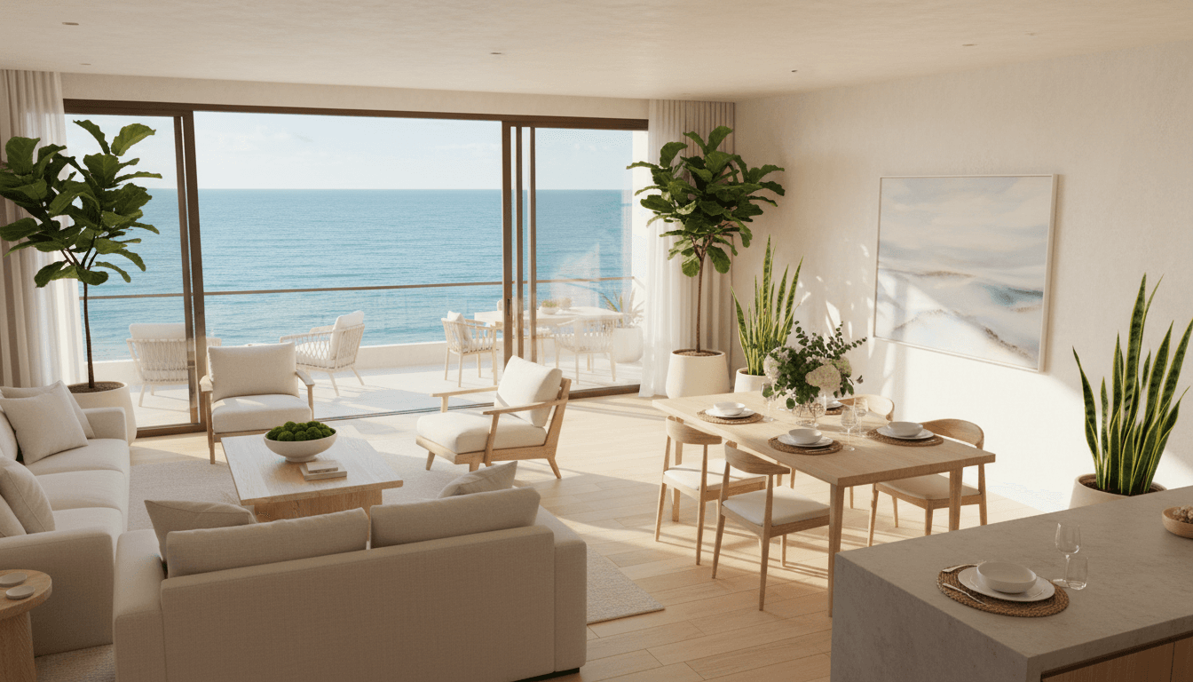 Sunlit North Miami Beach vacation rental kitchen after a deep clean, white quartz counters, stainless appliances, glass doors open to a palm-lined patio, editorial lifestyle photography