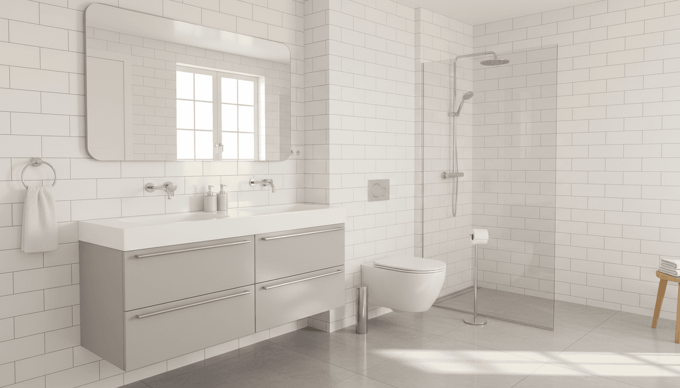 Freshly cleaned apartment bathroom with sparkling white tile shower, chrome fixtures, and a clear vanity mirror reflecting natural light, photorealistic