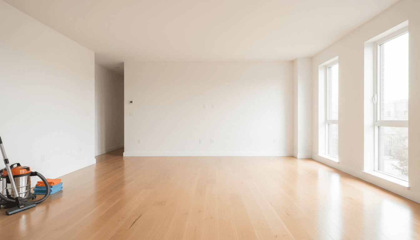 Bright empty apartment living room with freshly mopped wood floors, white walls, and sunlight through large windows after a vacant make-ready clean, photorealistic editorial interior