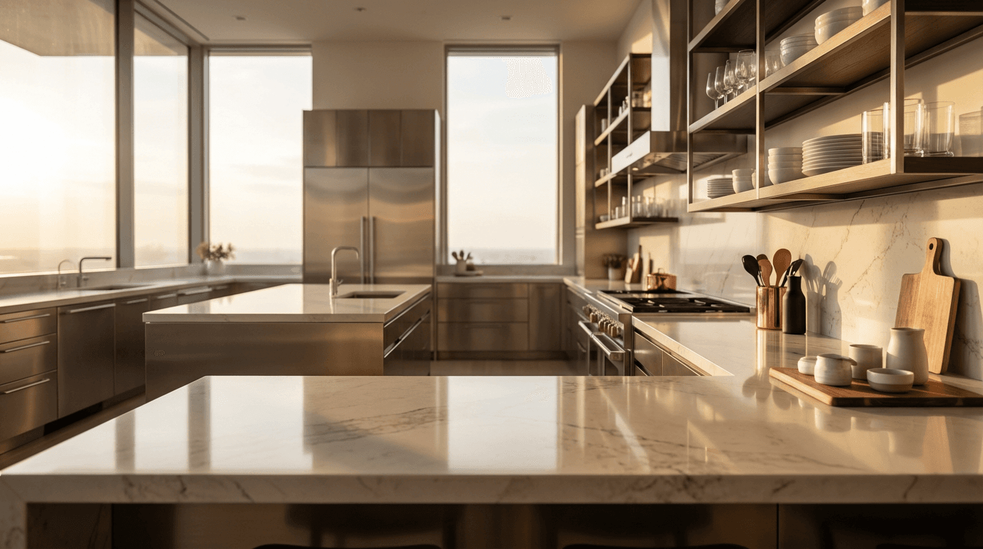 Clean white kitchen with organized countertops and stainless steel appliances