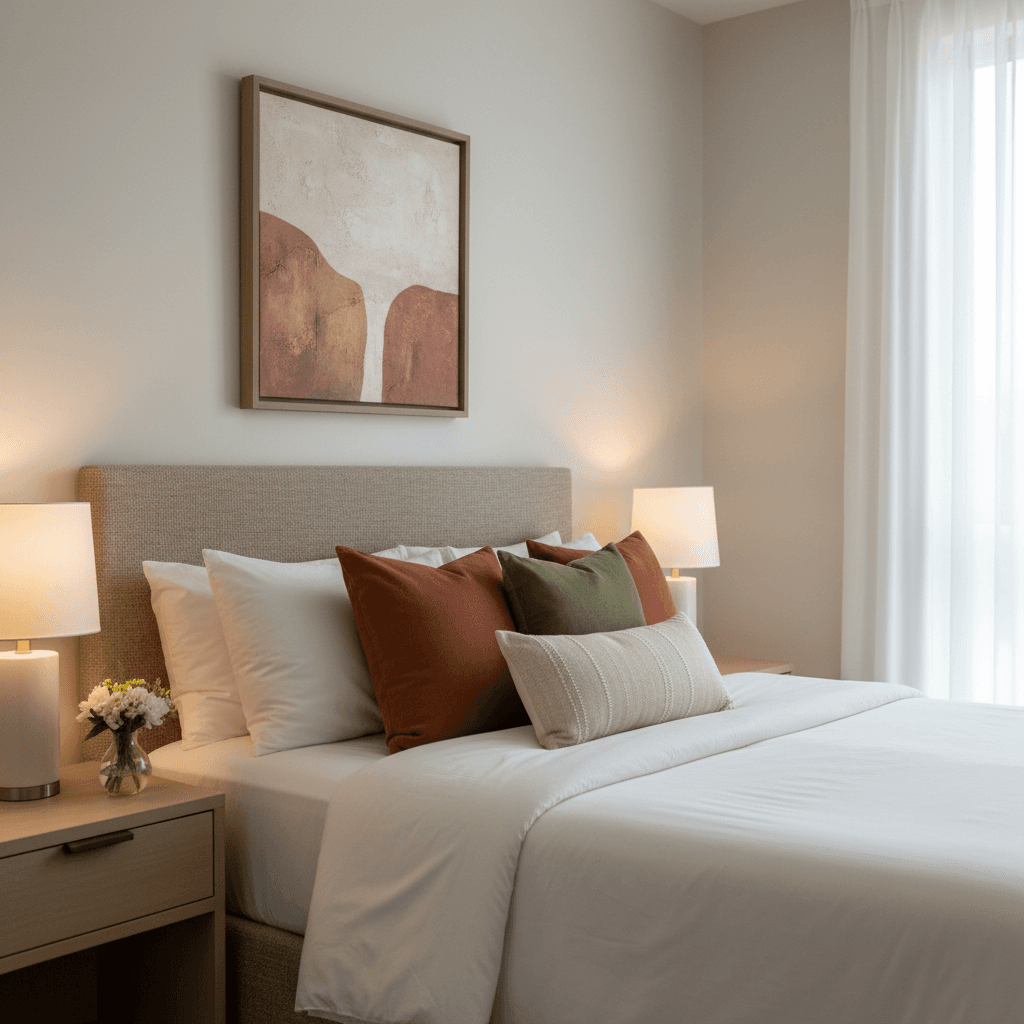Furnished apartment bedroom with made bed, vacuumed carpet, and tidy nightstands after an occupied-unit refresh, warm daylight, photorealistic