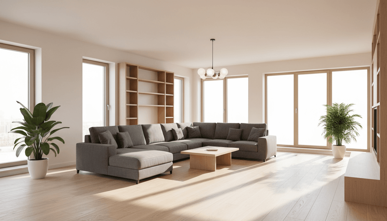Bright modern apartment living room with white sofa and sunlight
