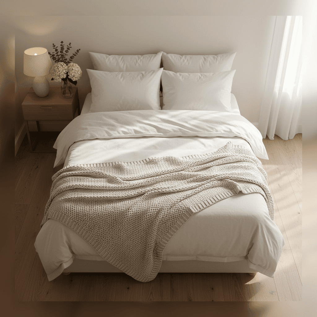Sunlit guest bedroom after turnover: crisp white linen, fluffed pillows, folded towels on a walnut bench, and a vacuumed oak floor with morning light through sheer curtains