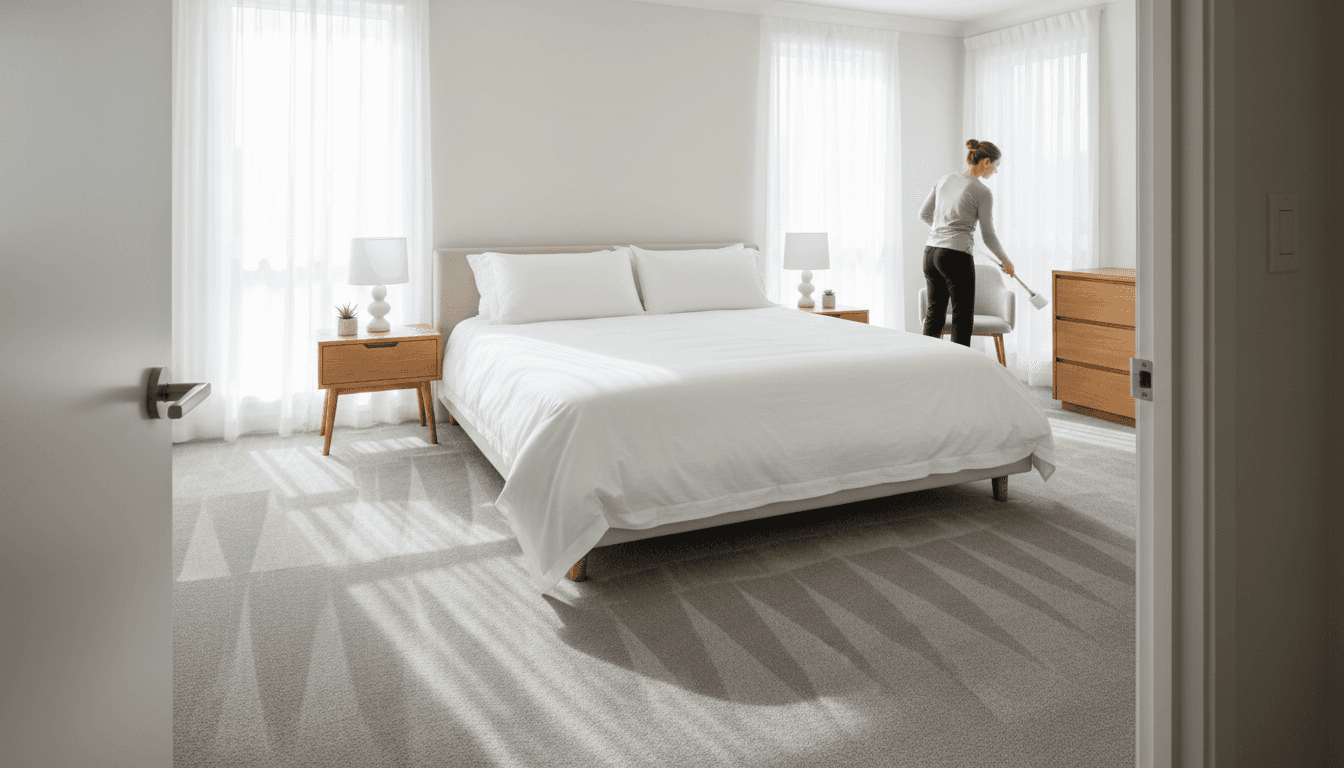 Professional cleaner making a bed in a bright, modern apartment bedroom
