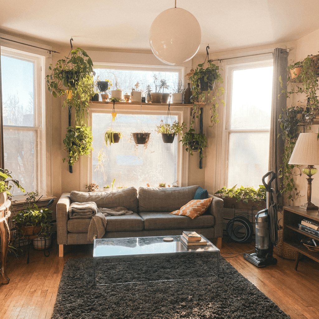 Vacuumed carpet in spacious rental living area with arranged furniture