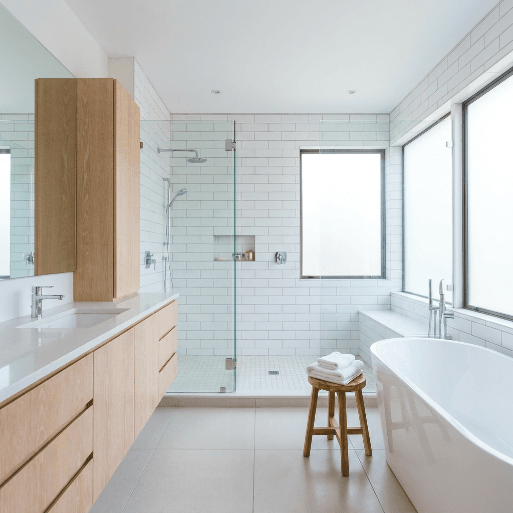 Spotless modern bathroom with glass shower and folded towels