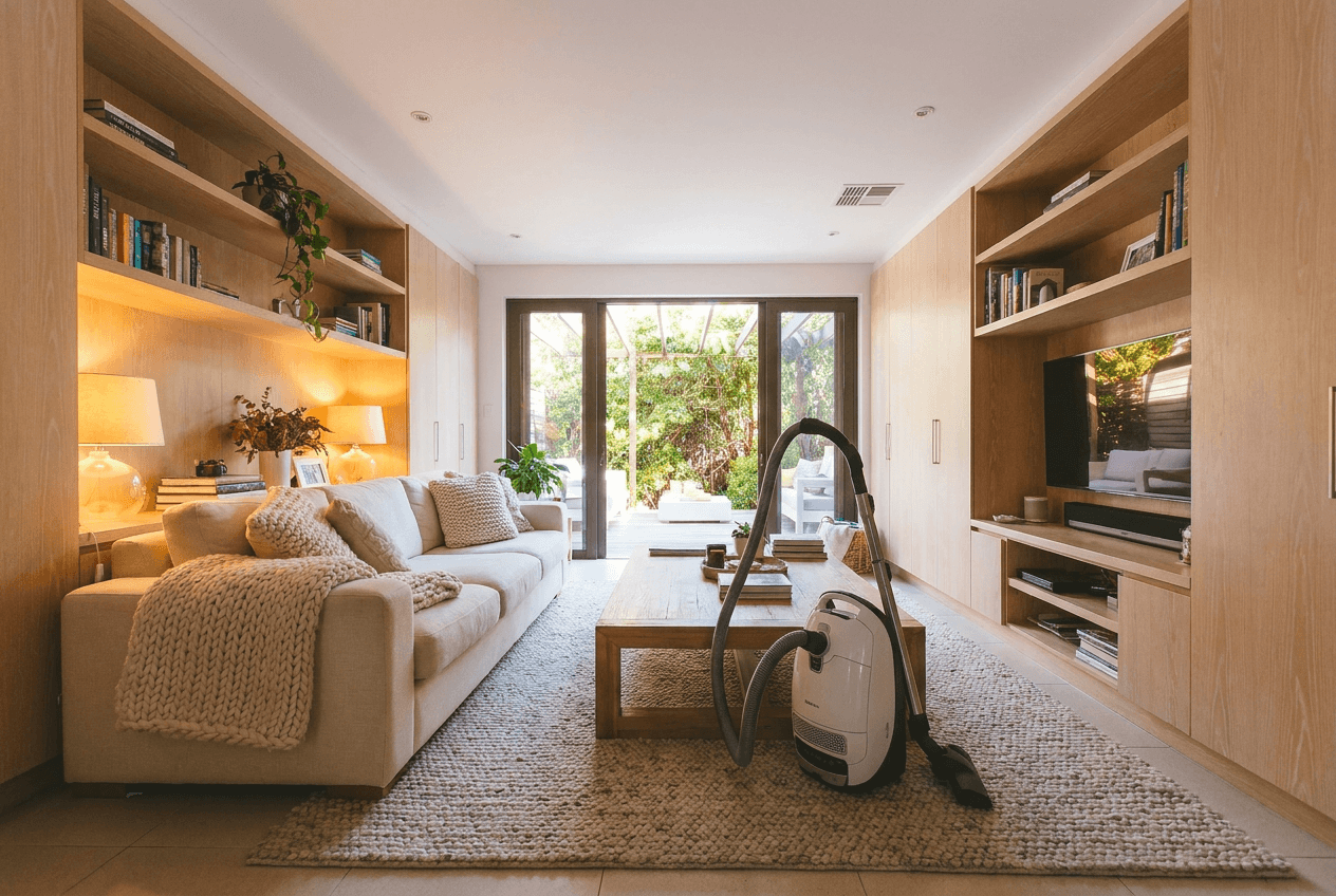 A well-lit, cozy living room featuring a cream sofa, wooden coffee table, built-in bookshelves, and a white canister vacuum cleaner resting on a textured rug.